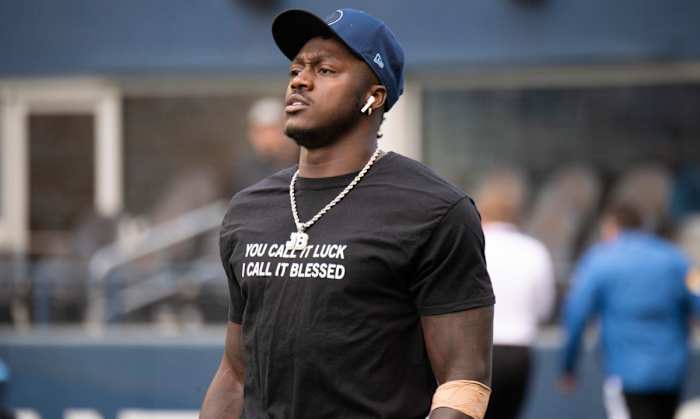 Tennessee Titans wide receiver A.J. Brown (11) warms up before the game against the Seattle Seahawks at Lumen Field Sunday, Sept. 19, 2021 in Seattle, Wash.